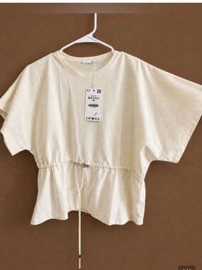 ZARA  100% Cotton Drawstring Waist Peplum Top | Light Yellow